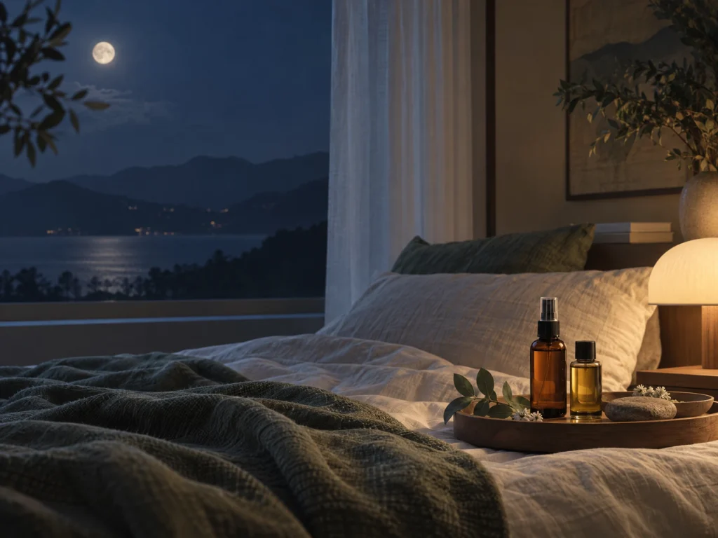 夜間香氣與安穩睡眠的抽象情境圖